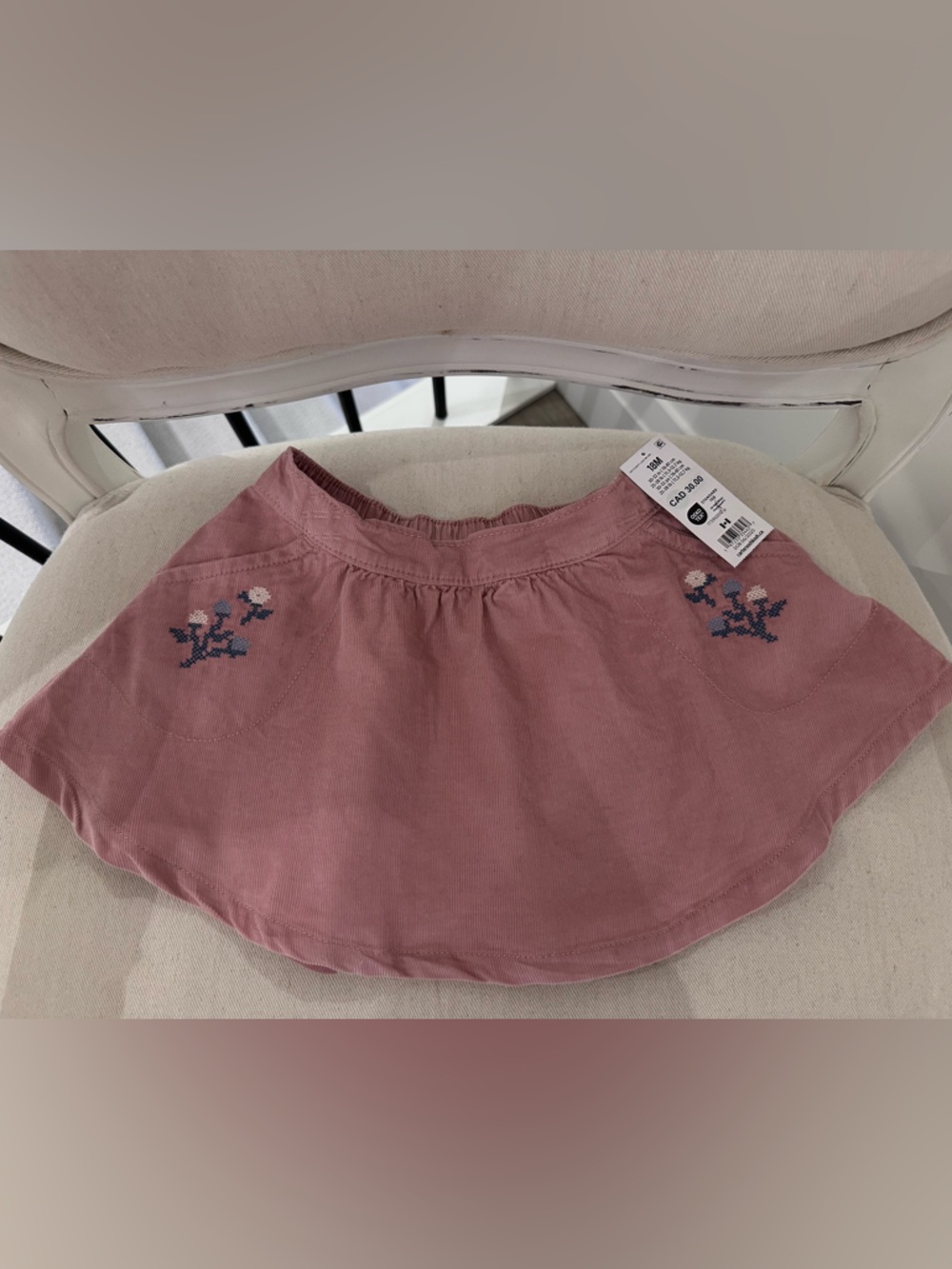 🤍 18 Mth Dusty Rose Corduroy Baby Skirt with Floral Needle Point Embroidery NWT